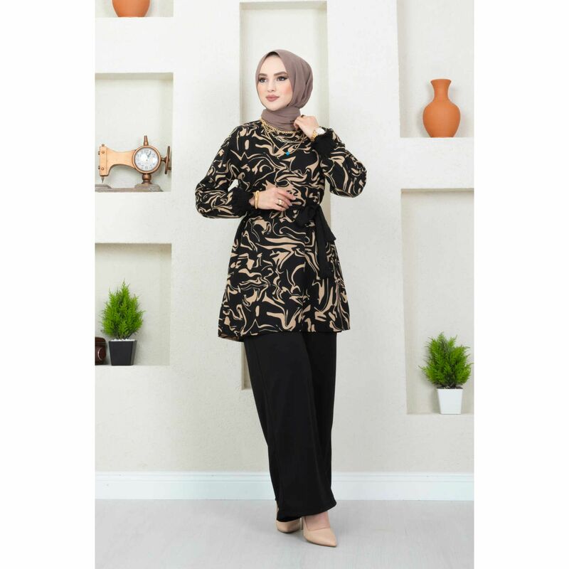 Rosella conjunto feminino muçulmano ternos define senhoras denim calças de cintura elástica alta casual islâmico turquia roupas dubai
