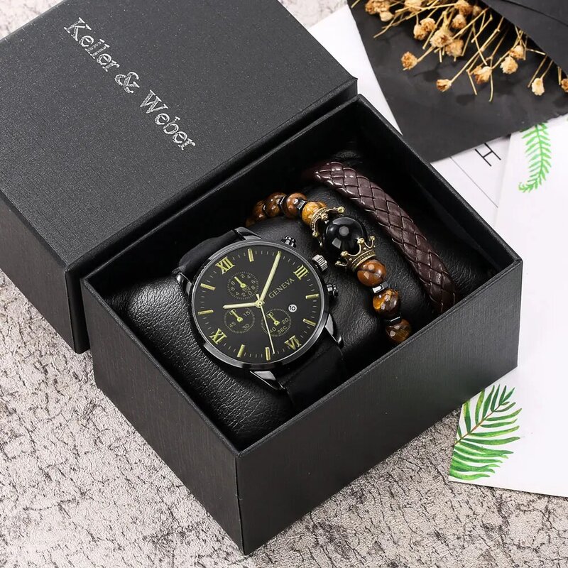 Męska bransoletka do zegarka zestaw moda Sport Wrist Watch koperta ze stopu skórzany zegarek z branzoletką zegarek biznesowy kwarcowy zegar z kalendarzem prezent