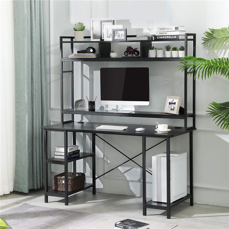 Home Office 55 "โต๊ะคอมพิวเตอร์Gaming Desk StudyตารางWorkstationชั้นวางปรับHutch & Bookshelf CPUสีดำ