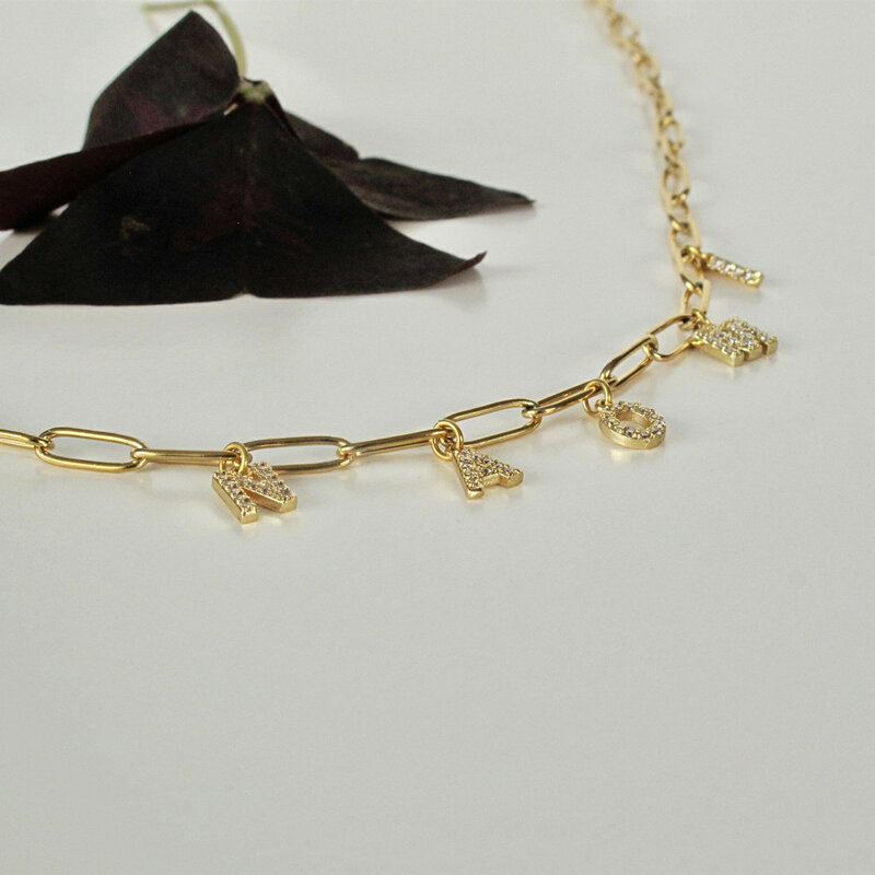 VishowCo nazwa własna naszyjnik łańcuch spinacz ze stali nierdzewnej spersonalizowane cyrkon litery naszyjniki biżuteria dla kobiet prezenty
