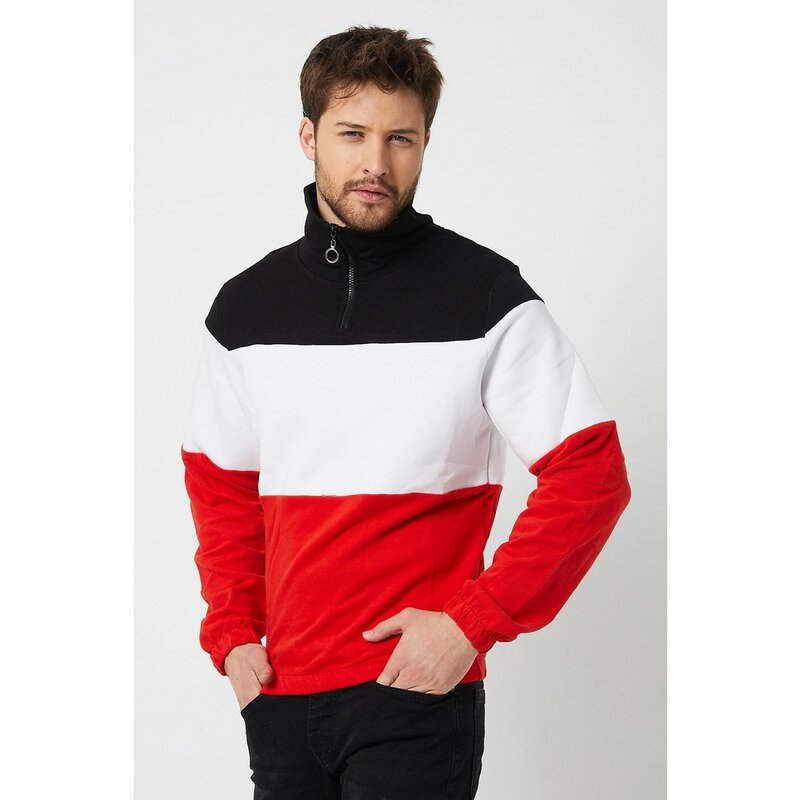Estilo legal masculino preto-branco-vermelho meio zíper colorido sweatshırt outono inverno primavera design elegante nova moda