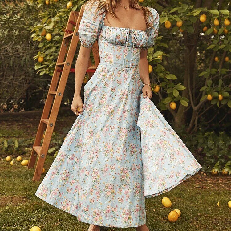DIFIUPAI kobieta odzież festiwalowa drukuj bufiaste rękawy spódnica długi złamany kwiat sukienka koktailowa Split Slim Temperament elegancki