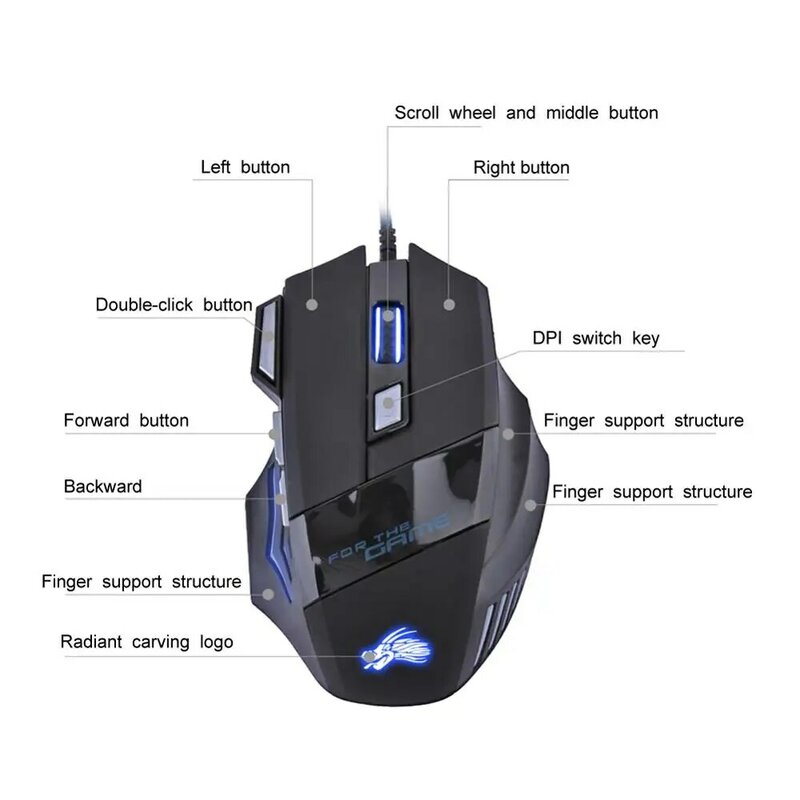 Компьютерная мышь, Регулируемая оптическая игровая мышь со светодиодной подсветкой, 7 кнопок, 5500 DPI