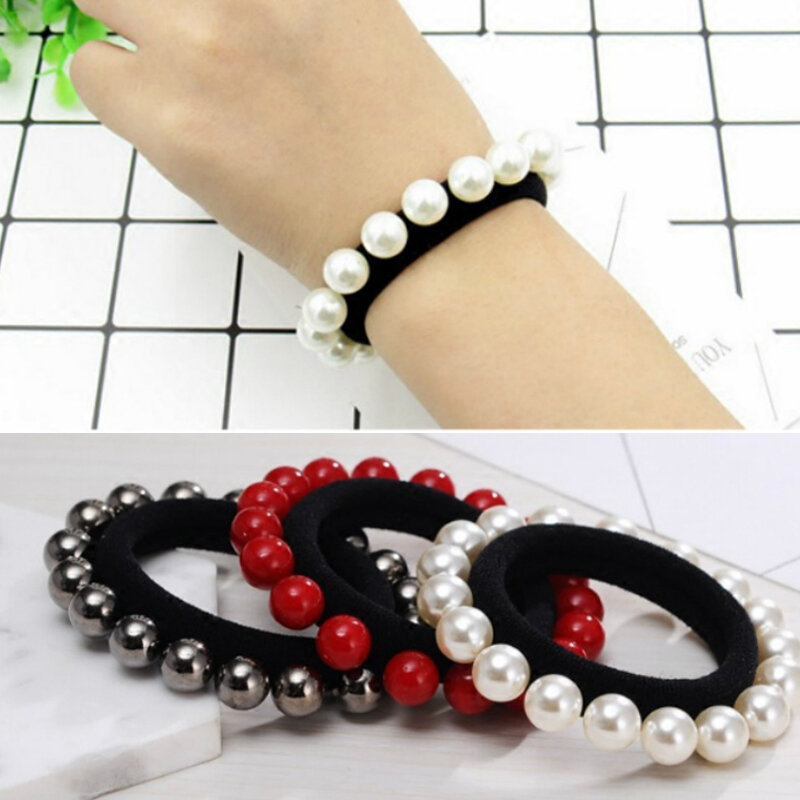Fashionable Black Pearl Elastic Hair Band Ladies Hair Accessories with Rubber Bands and Stylish Ponytails
