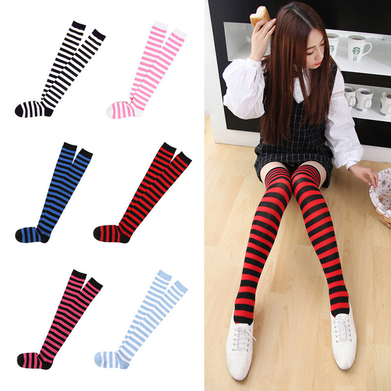 Meias listradas japonesas da moda, meias-calças estilo kawaii, de algodão, para estudantes e meninas, sexy, multicolor