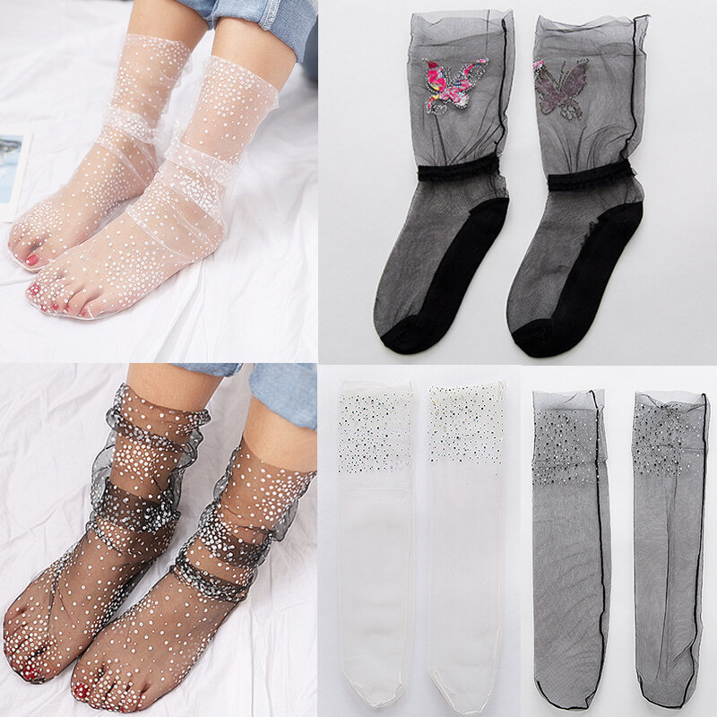 Moda harajuku doce ultra-fino malha meias femininas elástica nova flor impressão transparente verão curto estudantes meias
