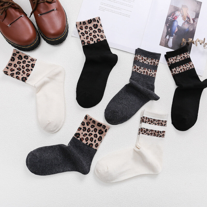 Fashion Harajuku Winter Warm Women Socks Comfortable Casual Splicing Cotton Leopard Funny Socks