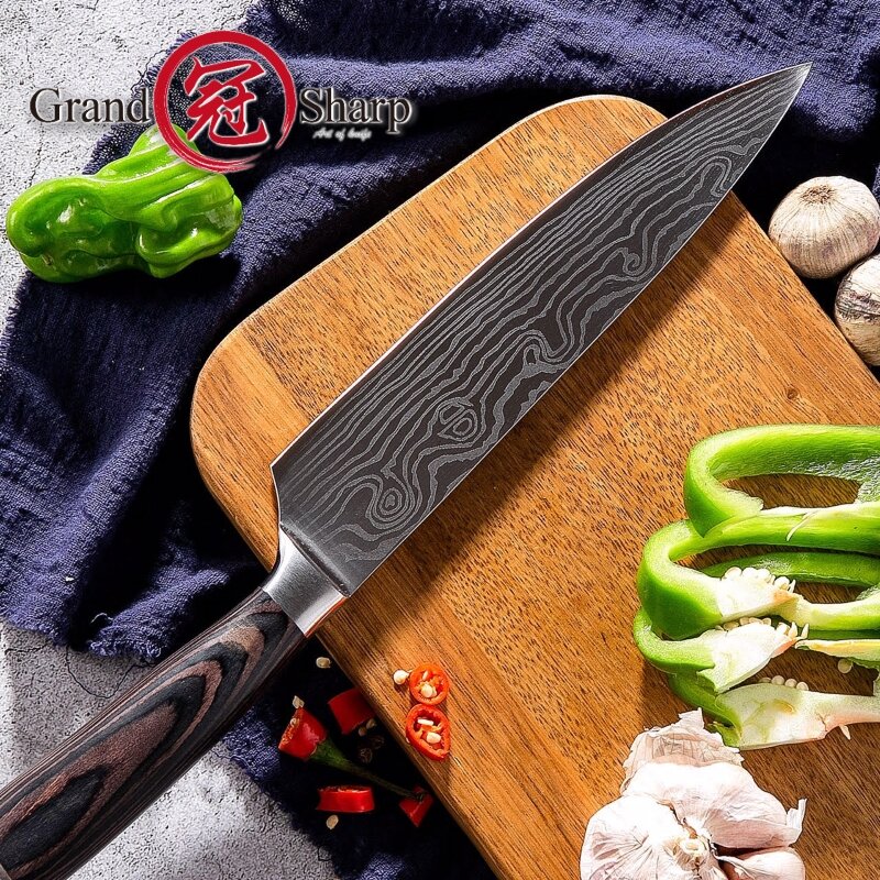 Chef knife 8 inch high carbon stainless steel Damascus laser pattern kitchen knives butcher cooking tools kitchenware gift knife