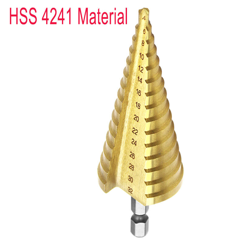 Hex Titanium Langkah Kerucut Mata Bor Pemotong Lubang 4-32 Mm HSS 4241 untuk Lembaran Logam
