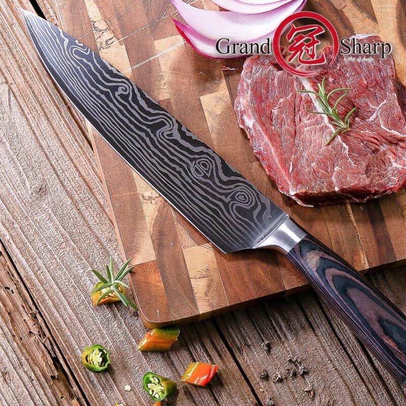 Nóż szefa kuchni 8 cal wysokiej węgla ze stali nierdzewnej damaszek wzór laserowy noże kuchenne rzeźnik narzędzia kuchenne naczynia kuchenne nóż na prezent