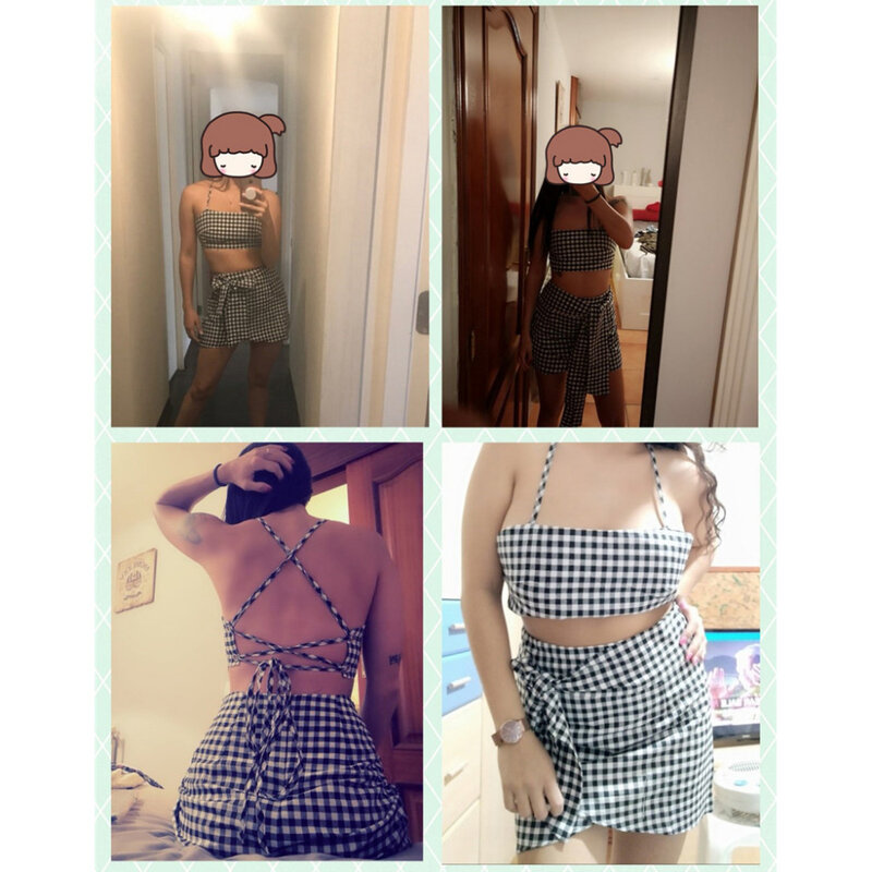 Fashion Women checkerboard 2 Piece Set Bodycon Skirt Crop Top off shoulder Tank Summer two piece set Bandge gingham Mini Skirt