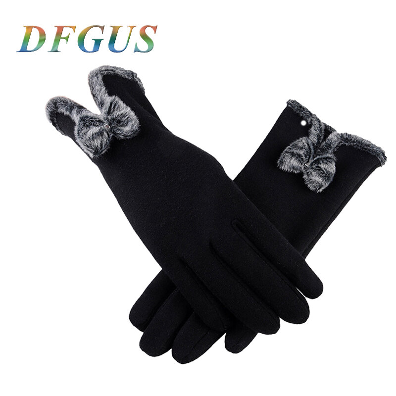 2019 New Fashion Winter Women Gloves Lace Bow Gloves Ladies Girls guantes Touch Screen Mittens Wool Glove for Warm Gloves Women