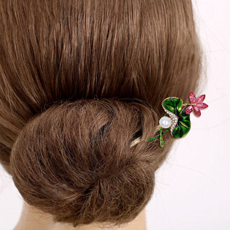 Chinese Style Enamel Lotus Leaf Hair Stick Pearl Hair Jewelry Crystal Rhinestone Flower Women Headwear