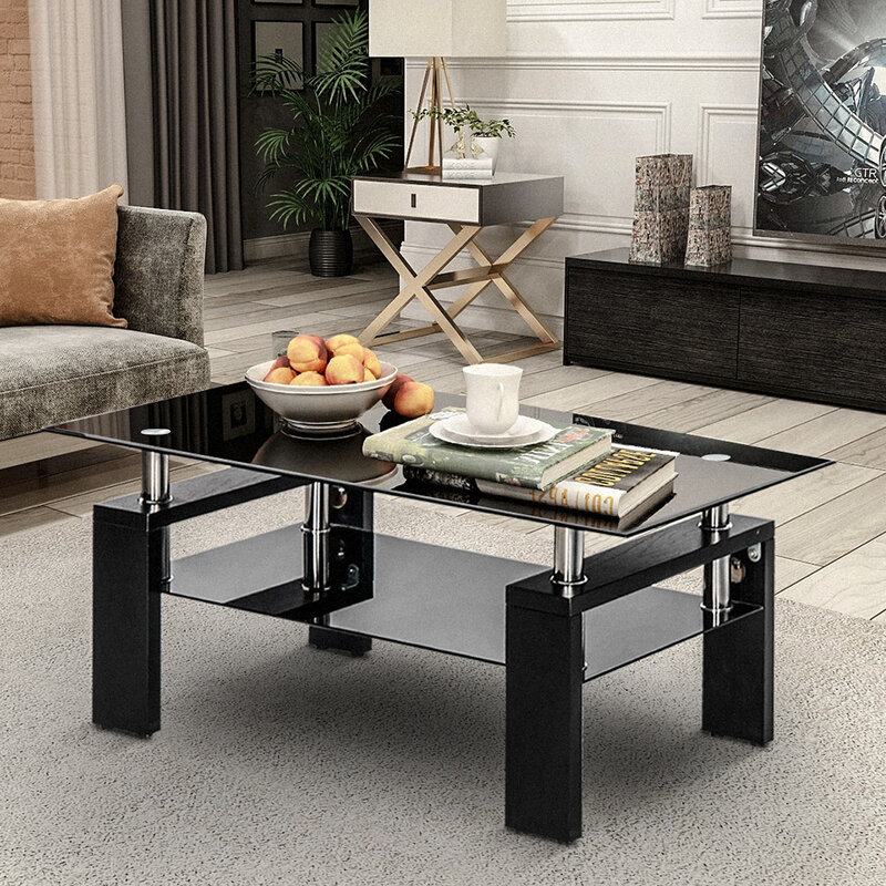 100CM Black Tempered Glass Coffee Table Top Cocktail Living Room Modern 2 Tier Clear Side End Console Table With Lower Shelf