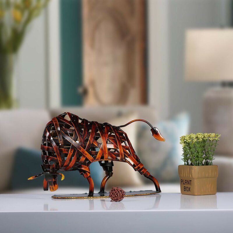Metal Weaving Cattle Red Iron Sculpture Abstract Figurine Modern Art Home Decor Animal Environmental Craft Gift Antirust