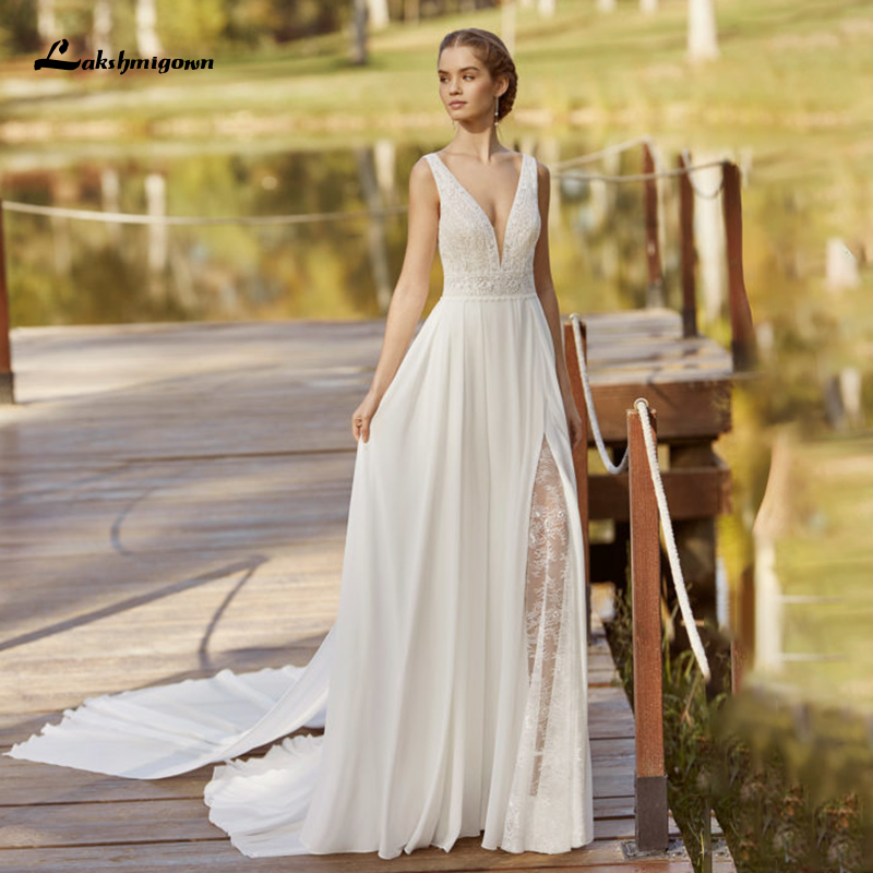فستان زفاف شيفون عتيق ، فستان زفاف بوهيمي مثير ، فتحة جانبية ، ياقة على شكل V ، 2021