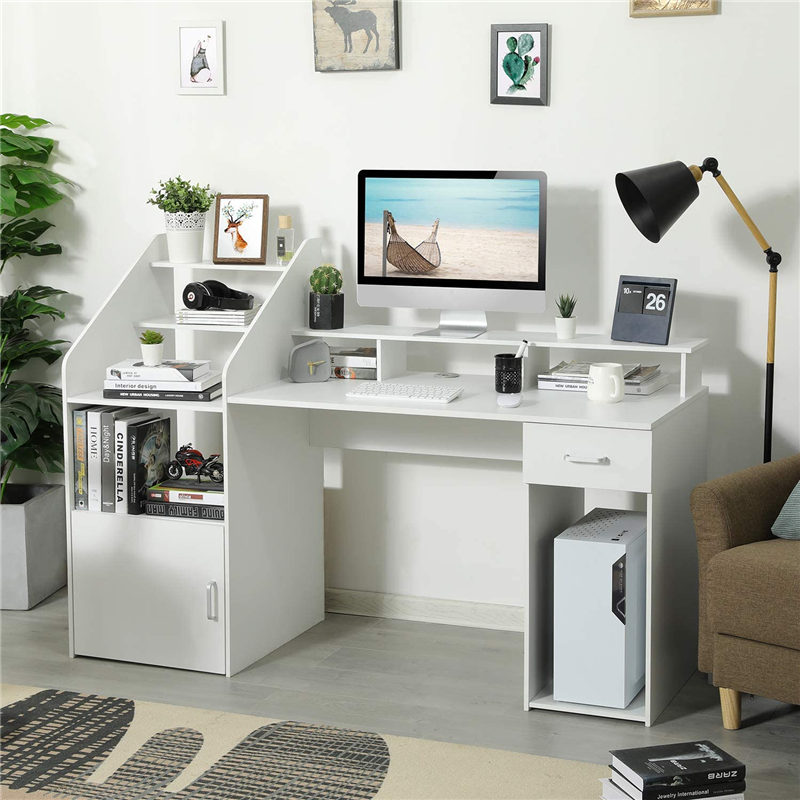 Escritorio de ordenador grande para oficina y hogar, moderno Escritorio de escritura con cajón de almacenamiento, gabinete de estantes, 64,5 pulgadas