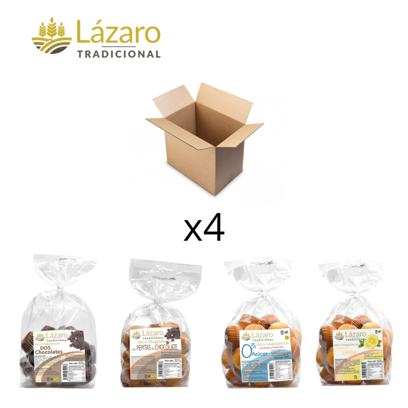 Łazarz pakuje różne Mini babeczki, 4 różne typy. (Smak cytryny),(dwie czekoladki),(bryłki czekolady) i (0% cukru).