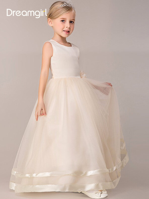 Dreamgirl wysoki niski linia koronkowa aplikacja bez rękawów suknia dla dzieci komunia kwiat Gril sukienka z kryształowym paskiem