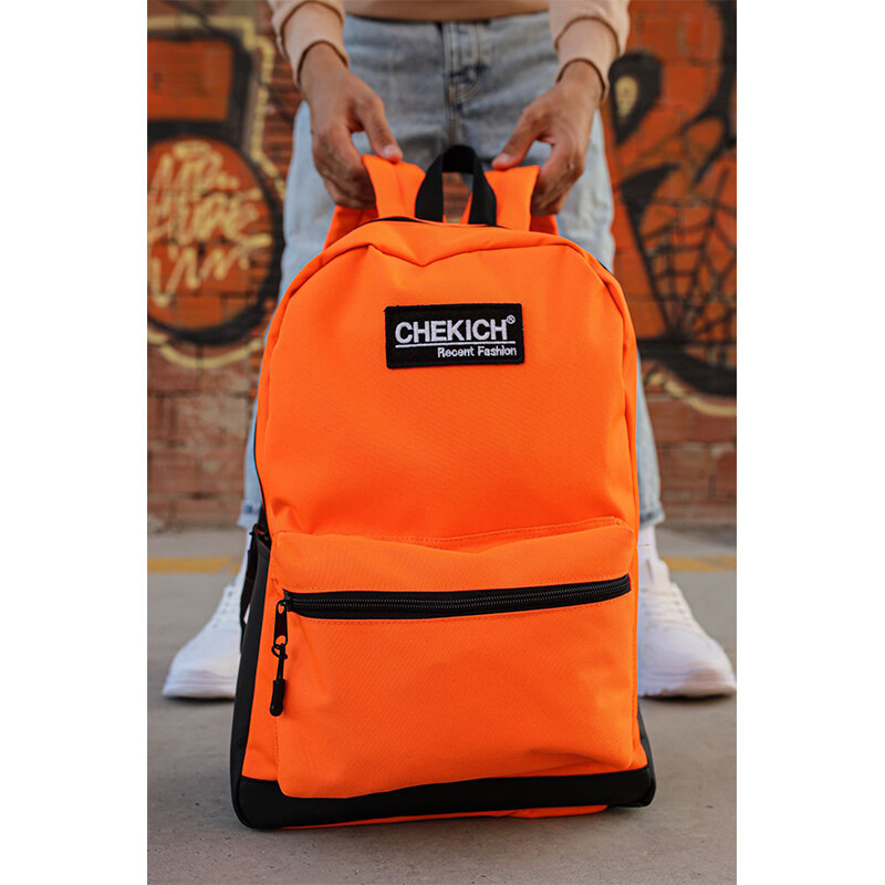 Chekich กระเป๋าเป้สะพายหลังสีส้มซิปทุกวันใช้ที่น่าทึ่ง Bright สีดำคุณภาพดี CNT03