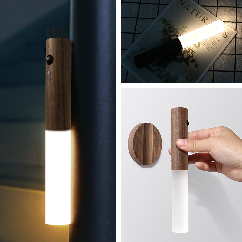 Led night light sensor de movimento sem fio usb recarregável lâmpada iluminação parede para escada armário quarto