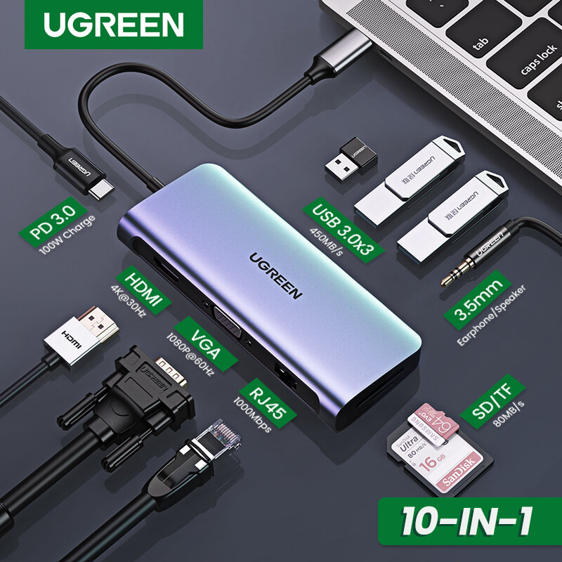 UGREEN USB C 허브 10 in 1 USB Type C to HDMI 4K USB 3.0 VGA PD 3.5mm MacBook/Pro/Air iPad Pro USB C 허브 용 전체 기능 허브