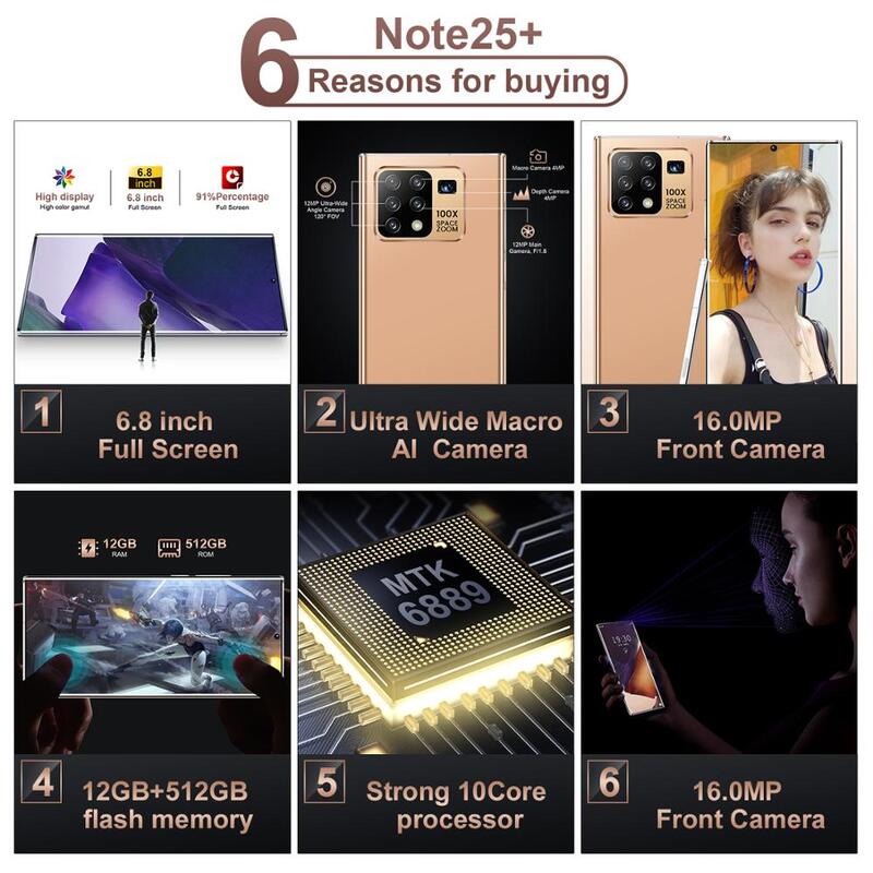 Smartphone Note 25 + pantalla completa de 6,8 pulgadas, 10 núcleos, 512GB + 12GB, Android, 2K, cinco cámaras, Universal, 5G, con TouchPen