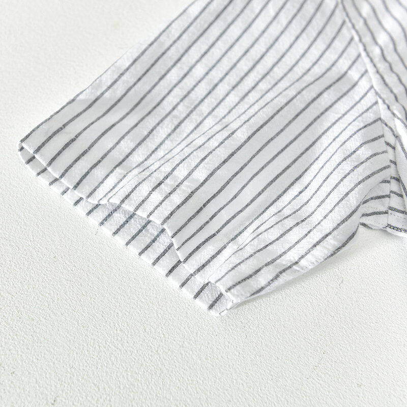 Camisa a rayas RC216 para hombre, tops de manga corta transpirables, 100% algodón, con bolsillo, blanco, alta calidad