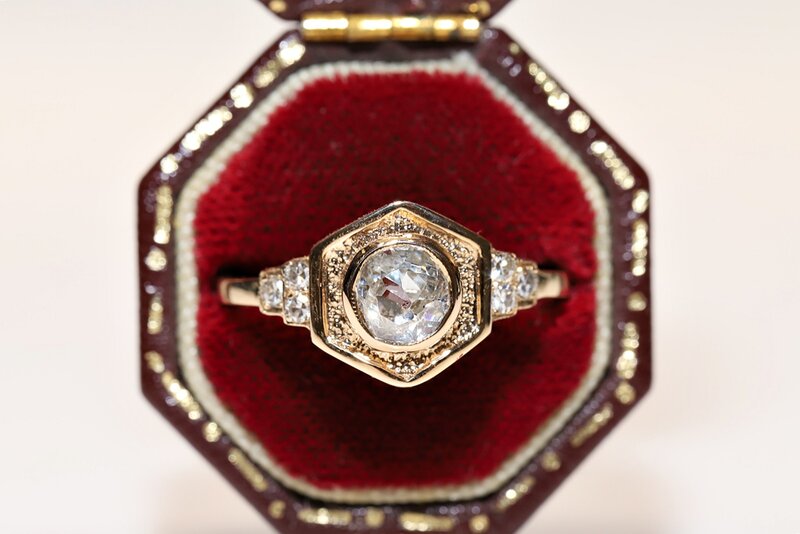 Anillo de estilo único bonito decorado con diamantes naturales, oro de 14 quilates, Vintage, Original, perfecto