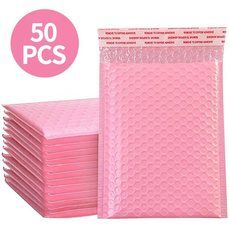 Sobres acolchados de burbujas para negocios, bolsas de embalaje con cierre hermético, color rosa, 25/50 piezas
