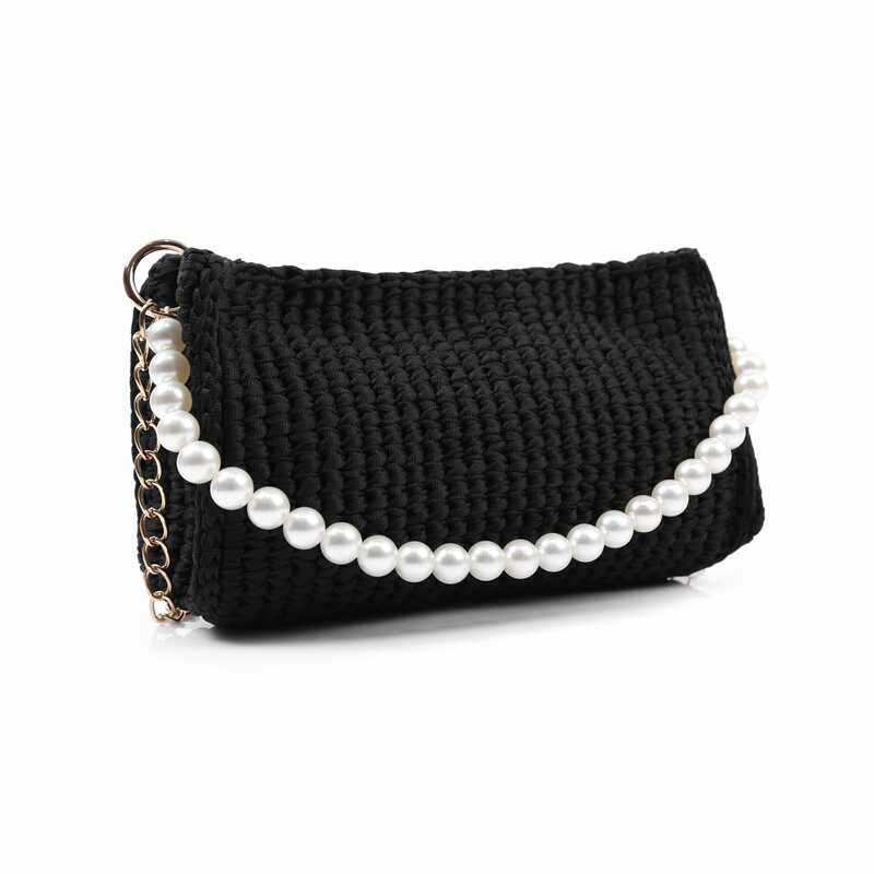 Bolsa de perlas negras de punto hecha a mano con diseño