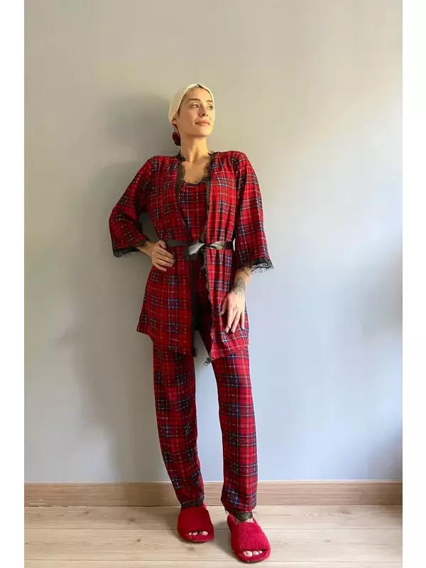 W kratę drukowana sabahlıklı aksamitna damska piżama zestaw nowoczesny casual stylowy wygląd moda wiosna jesień lato kombini