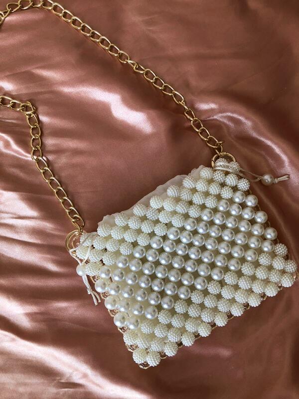 Женская сумка с кристаллами и бусинами, стильная сумочка бежевого цвета на цепочке с индивидуальным дизайном, модный кошелек с жемчугом 2021, ...