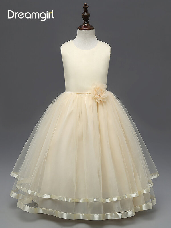 Dreamgirl – robe de bal en dentelle pour enfants, haut, bas, ligne A, sans manches, robe de fête de Communion à fleurs, avec ceinture à perles en cristal