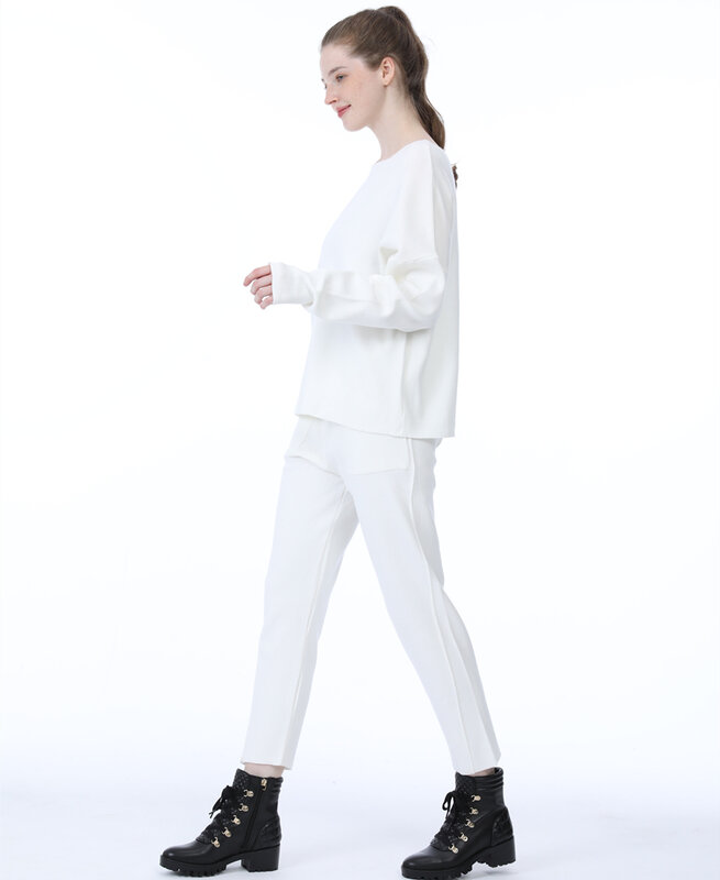Women Two Piece Set Sweater  Knitted Pant Suit Slim Tracksuit Spring Autumn Fashion Sweatshirts Sporting White Clothes Female