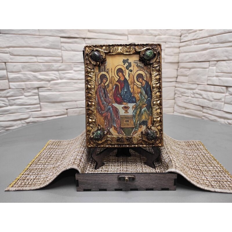 Icon Saint троиالوصف للنساء ، هدية أيقونة الثالوث مع أحجار خضراء ، حجم 14-19 سنتيمتر