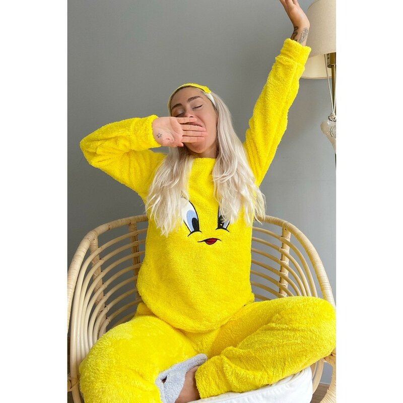 Feminino amarelo pássaro padrão cheio de pelúcia pijamas conjunto confortável macio texturizado novo estilo de moda elegante qualidade