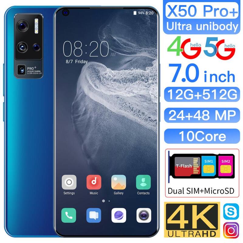 Heißer X50 Pro + 7 Zoll Großen Bildschirm Smartphones 10-Core MT6889 5G LASSEN Handys 12GB + 512GB Android10 5500mAh Dual SIM Handy