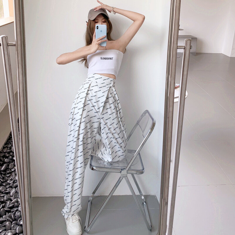 Wide leg pants Women summer sports trousers with letters, loose straight trousers slim casual fabulous high waist trousers