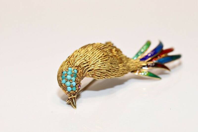 Antiguo y Original Vintage, oro de 18K, turquesa Natural y Enemal decorado, bonito pájaro, broche fuerte