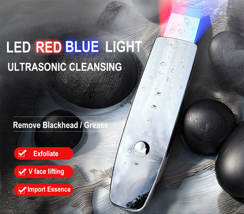 Diodo emissor de luz azul vermelho ultra sônica purificador da pele limpeza facial cravo removedor rosto limpador esfoliador cuidados com a pele instrumento elevador