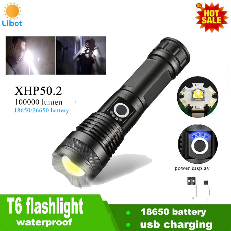 led flashlight 100000 lumen tactical flashlights XHP50.2 torch light rechargeable powerful zoom flashlight 18650 waterproof hunt