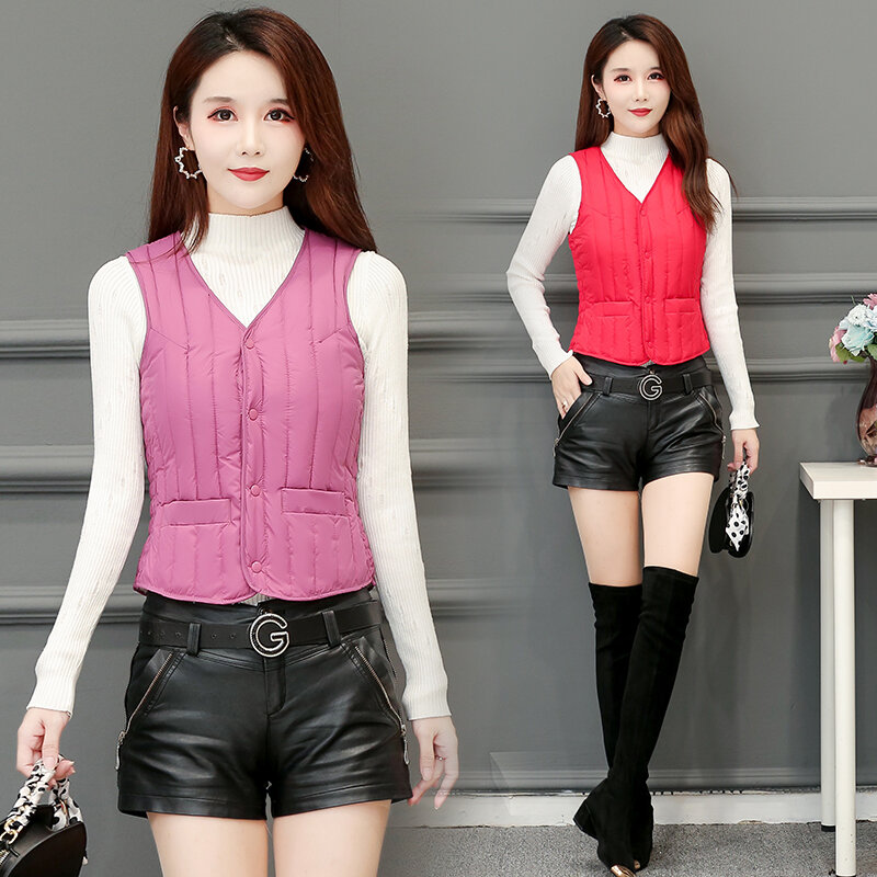 2020 new autumn and winter down cotton vest women's light and thin warm vest short v-neck waistcoat slim fit inner liner