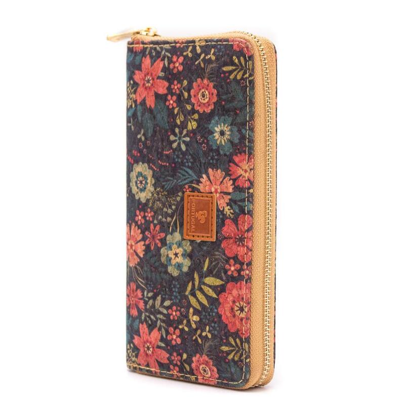 Corcho Natural con patrón de flores para mujer, cartera de mano vegana con cremallera, billetera con clip para billetes BAGD-200