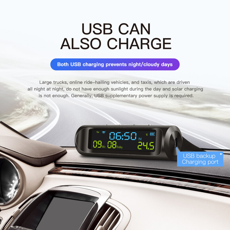 Carro usb carga solar relógio digital inteligente calendário de tempo temperatura display led automóvel acessórios interiores arranque automático