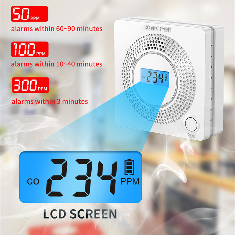 Carbon Monoxide Sensor Concentration LCD Display 85dB Siren Sound CO Gas Alarm Detector