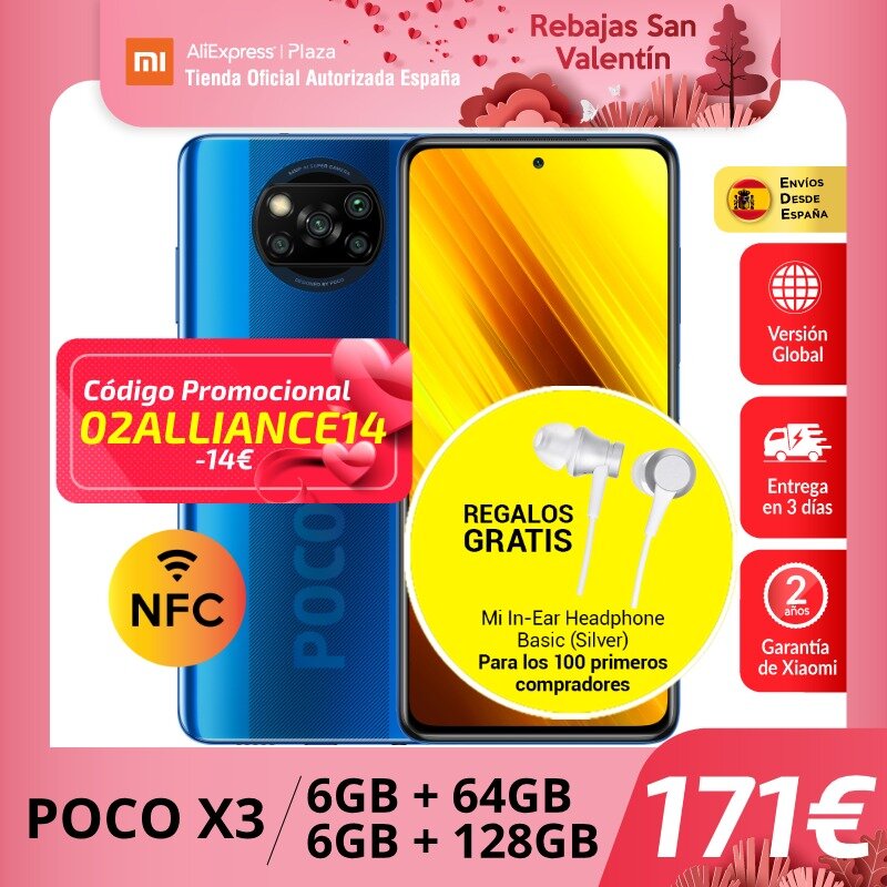 POCO X3 (64GB / 128GB ROM, 6GB RAM, Qualcomm®Snapdragon™732G, Android, Nuevo) [Teléfono Móvil Versión Global]