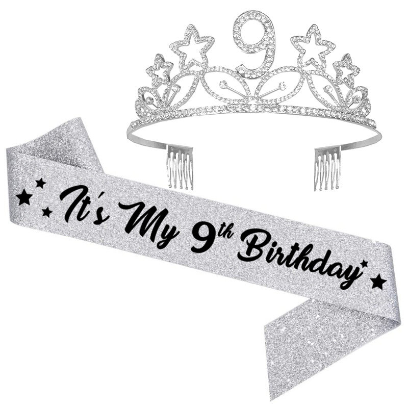เงินวันเกิดสาวคริสตัล Tiara Crown และ Sash สำหรับ4th 5th 6th 9th 10th 13th Birthday Party อุปกรณ์ตกแต่งโปรดปรานของขวัญ
