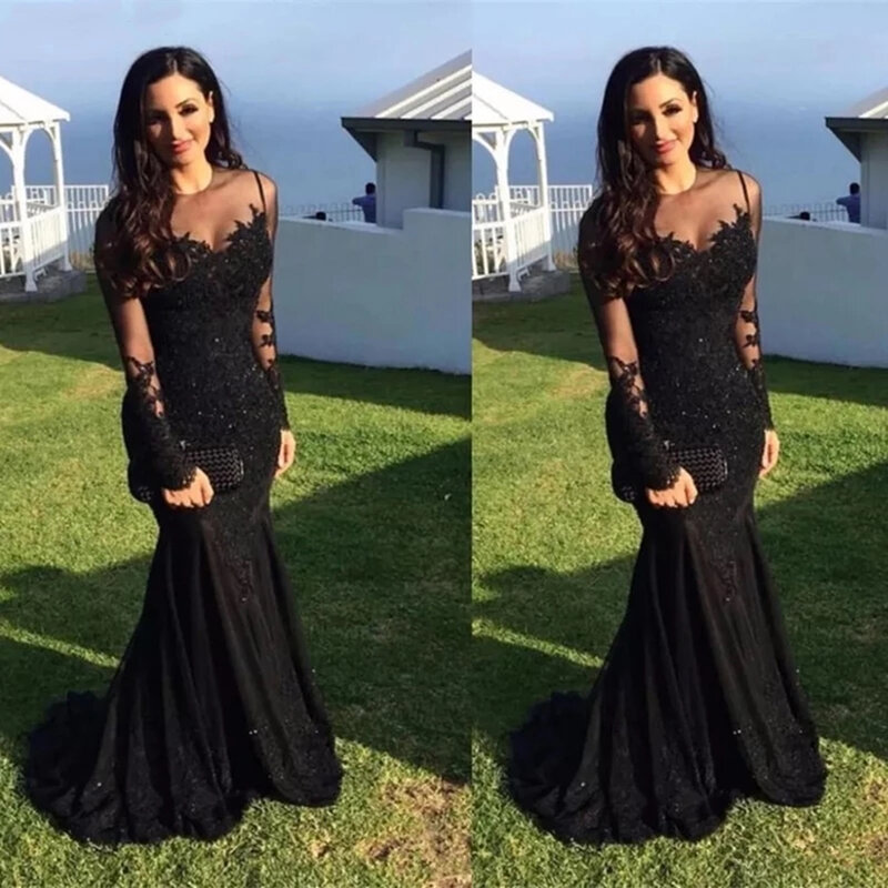 Sexy Mermaid Long Evening Dress Long Sleeves Prom Party Dresses Lace Appliques Backless Women Robe Train robe de soirée