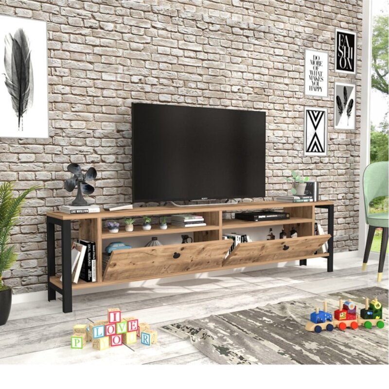 Meuble TV-meuble bois Antique et métal-meuble tv-coloris noir et bois-fabriqué en TURKIYE housse de meuble TV 160 cm